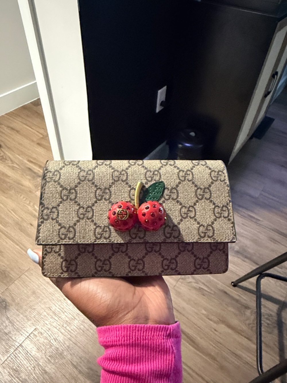 Gucci Beige GG Supreme Wallet with Red Cherry Accent